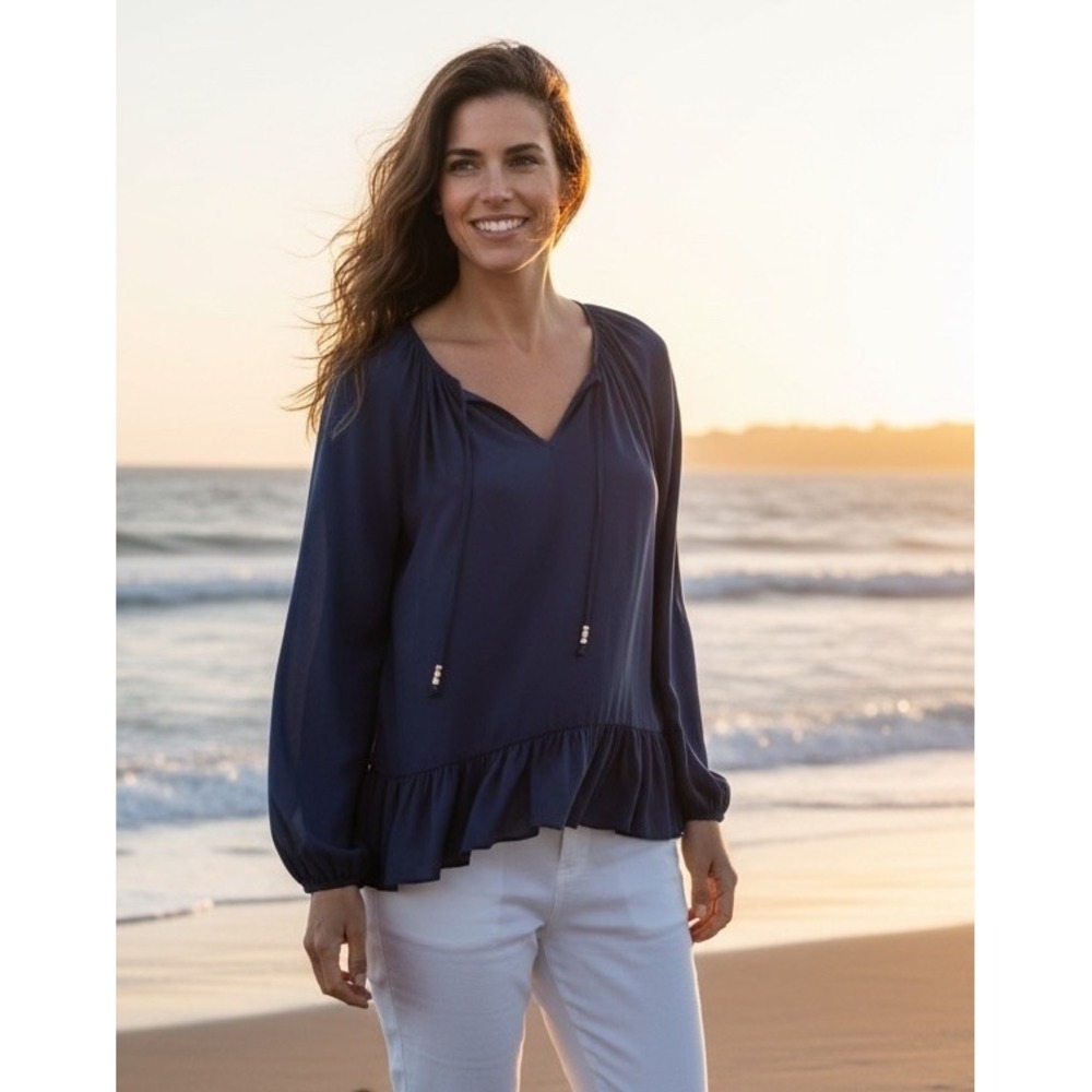 Lilly Pulitzer Tensley Ruffle Top Hight Tide Navy Size LARGE L Blouse Shirt EUC